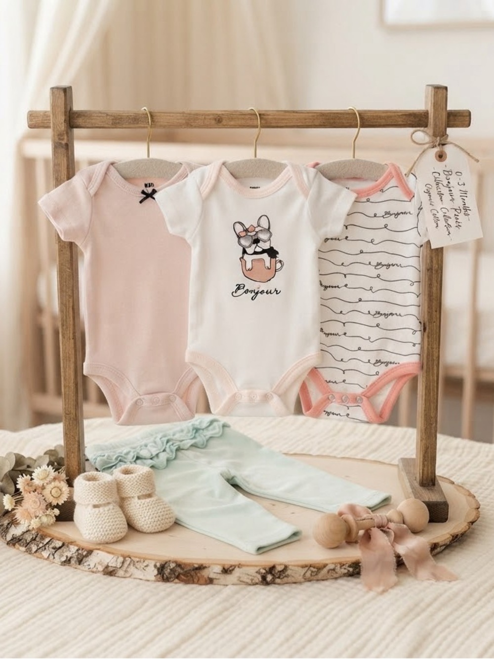 3-Pack Baby Girls One-Piece Bodysuits - Pink, White & Pattern Plus Mint Pants
